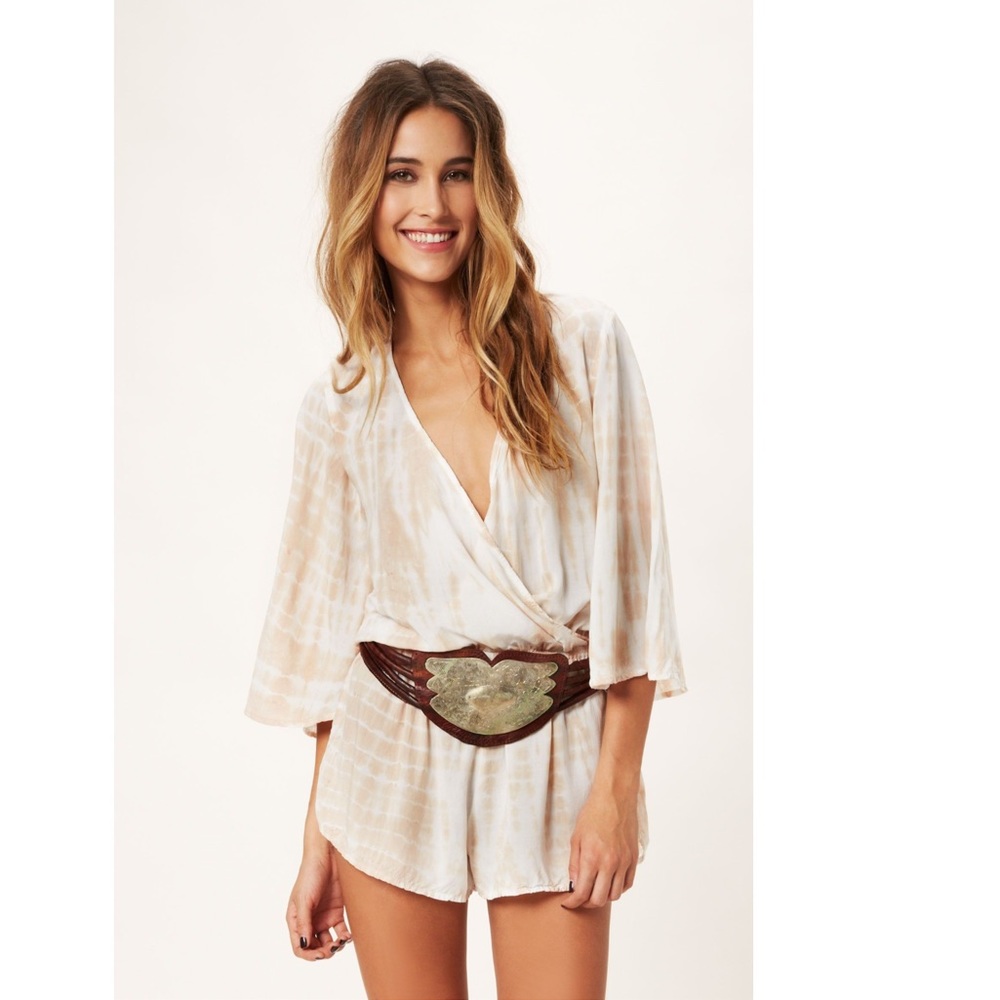 Blue Life Cream & White Tie-Dye Wrap Romper with Kimono Sleeves